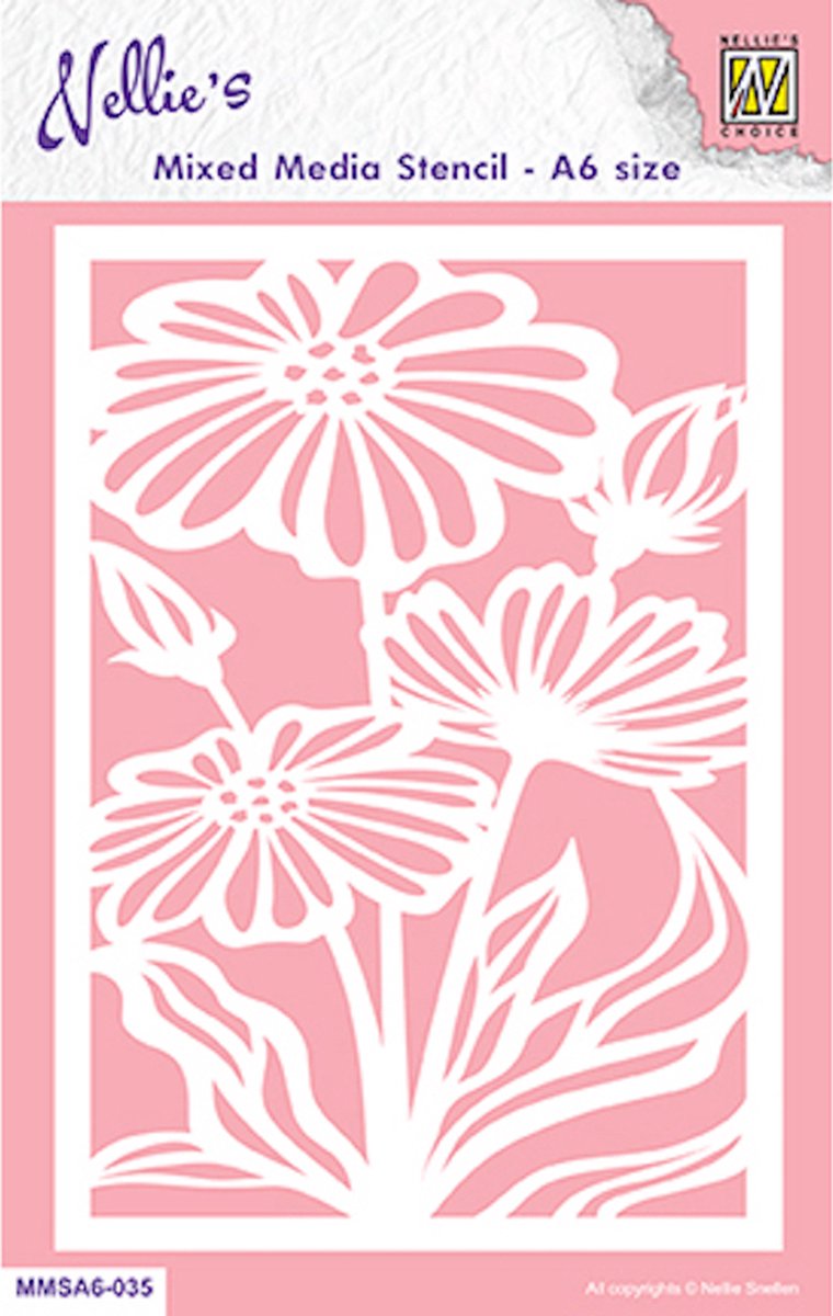 MMSA6-035 Nellie Snellen - A6 Mixed Media Stencil Flowers - sjabloon plastic roze - bloemen - 6x madelief bloem